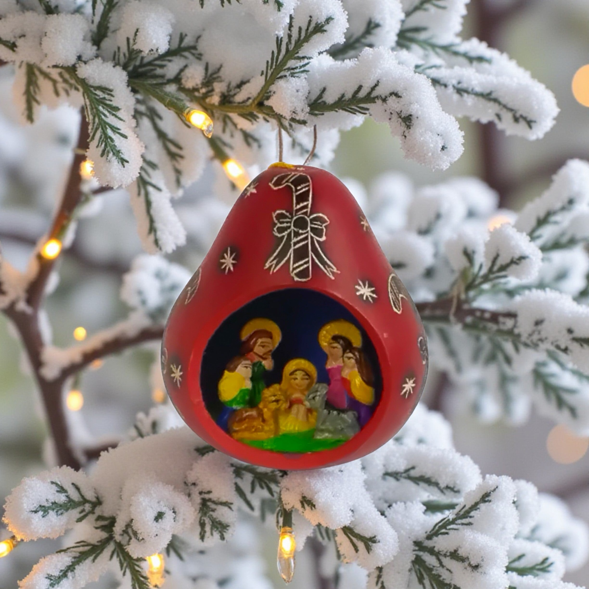 Handcrafted Miniature Nativity Scene in Christmas Gourd Ornament