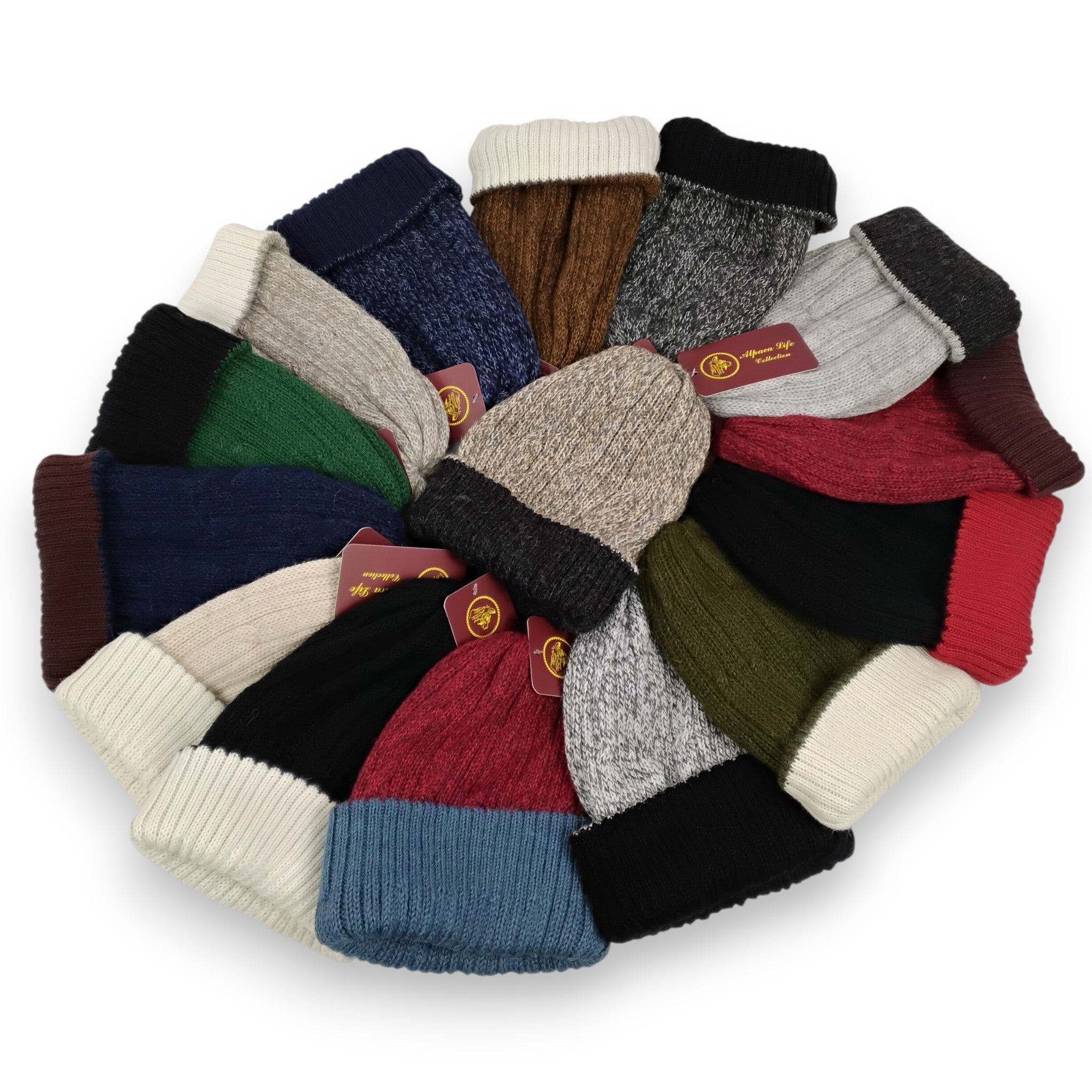 reversible knit hats arranged in a circular pattern on a white background