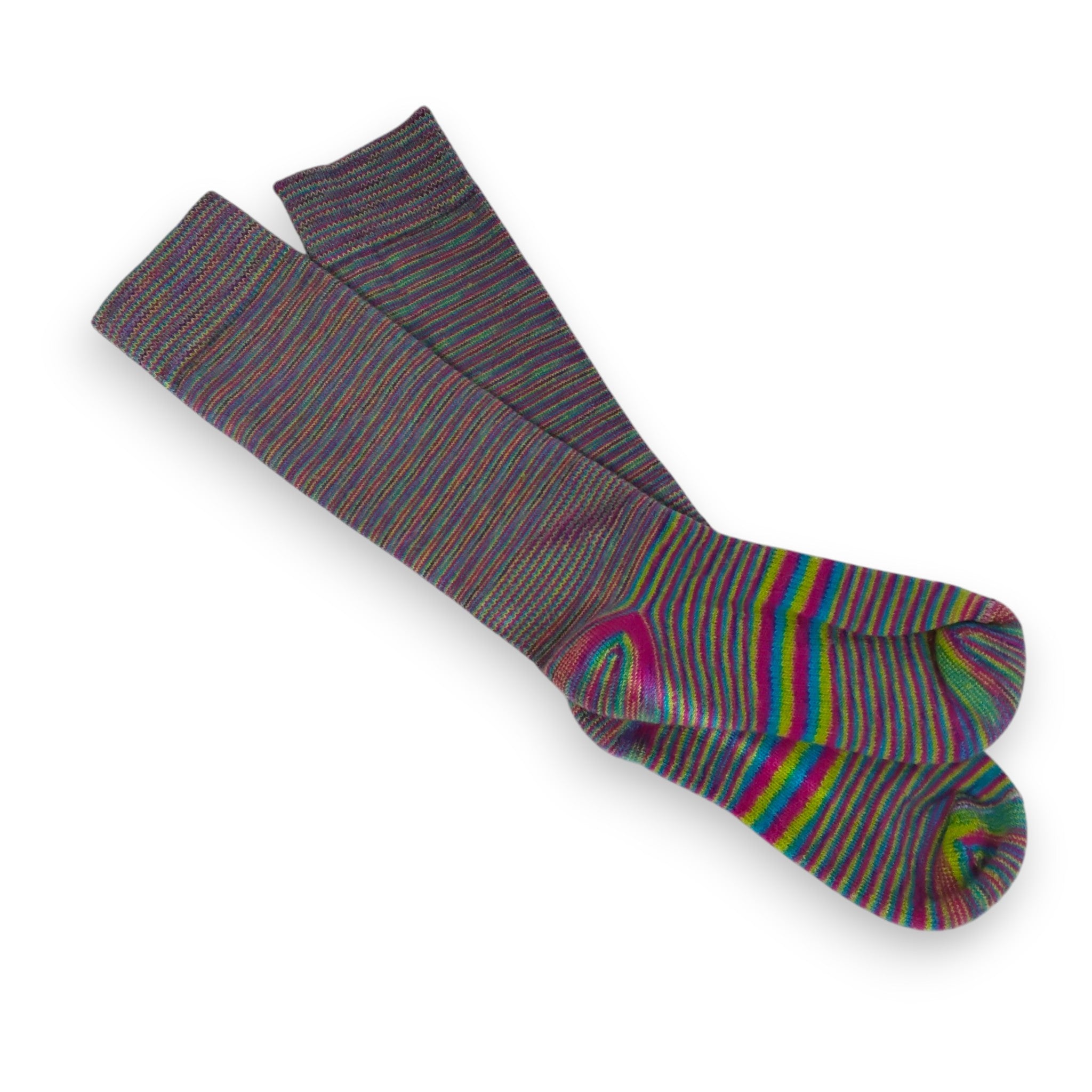 Pair of striped socks with a rainbow design on a white background