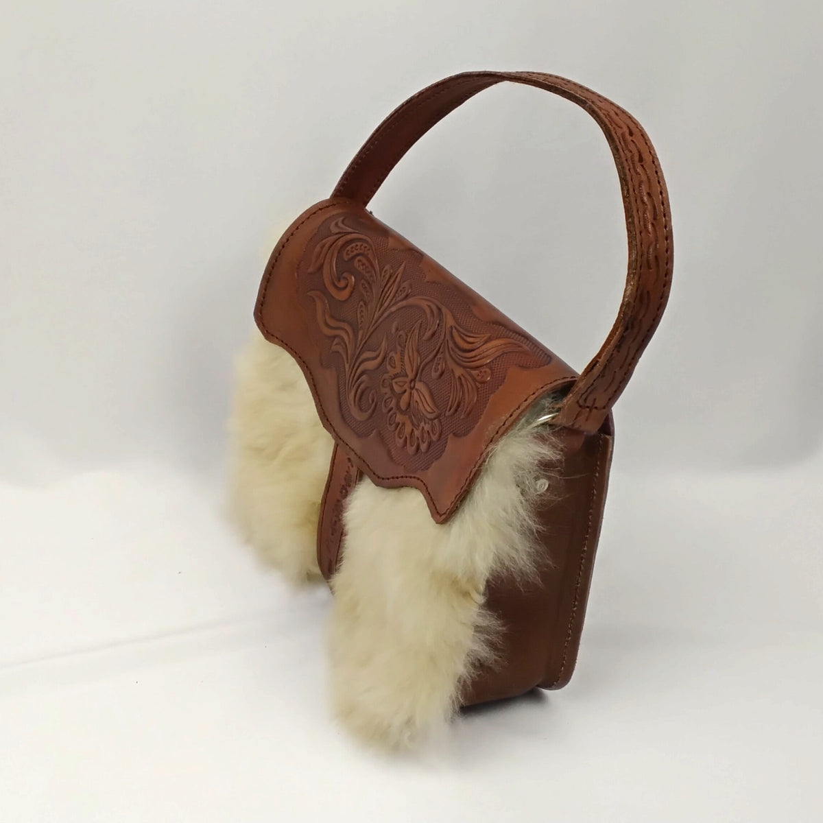 Western Tooled Leather and Alpaca Fur Purse