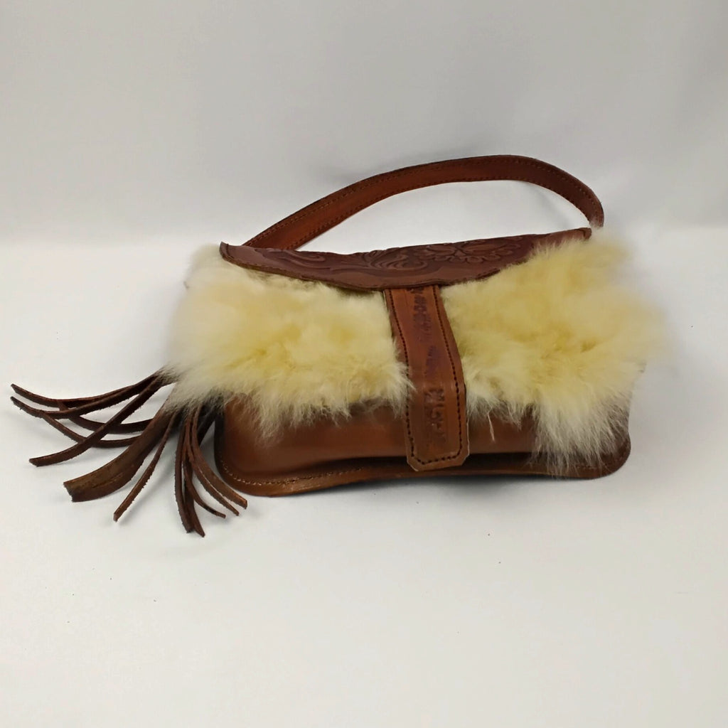 Western Tooled Leather and Alpaca Fur Purse