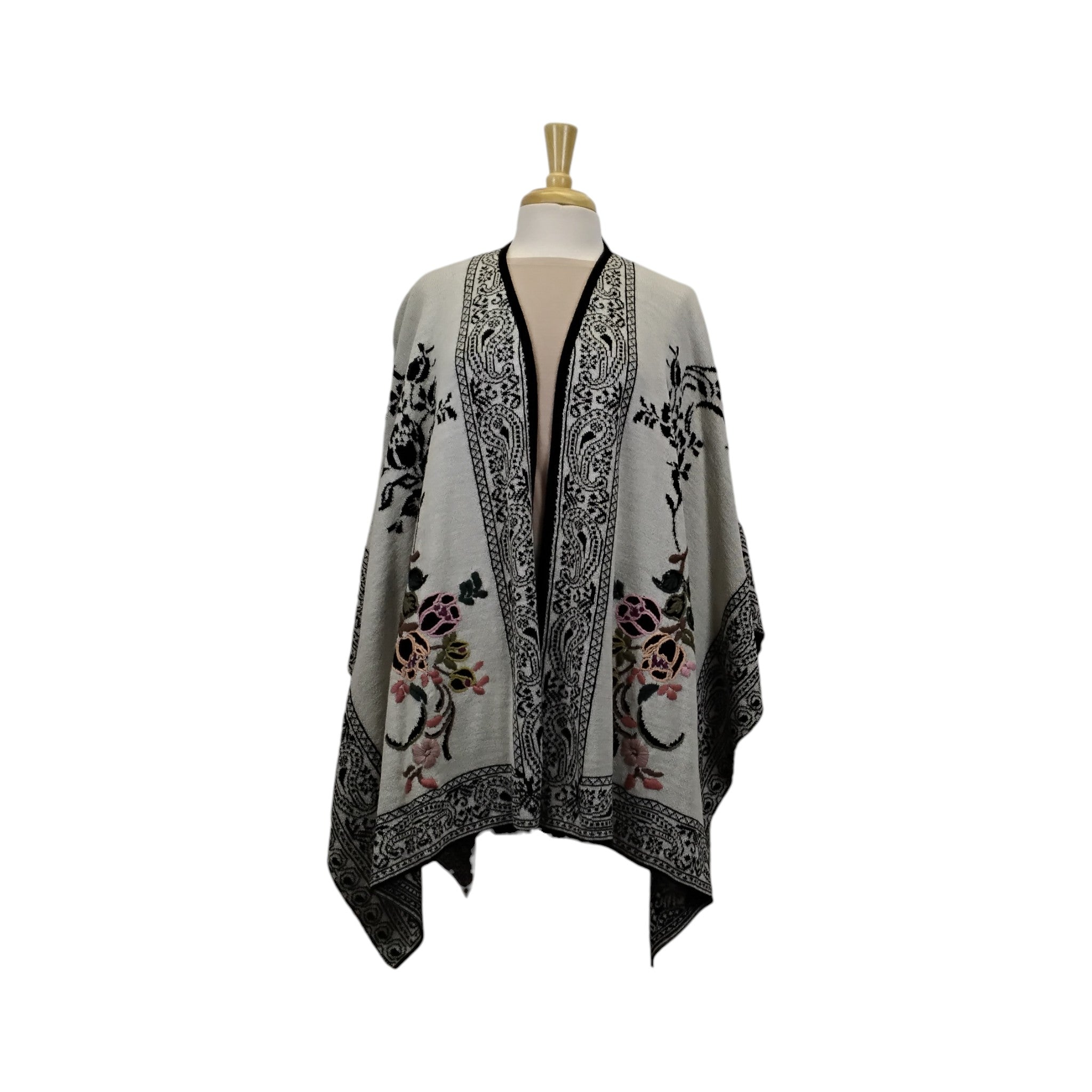 White Jewel Alpaca Rhuana with Floral Embroidery