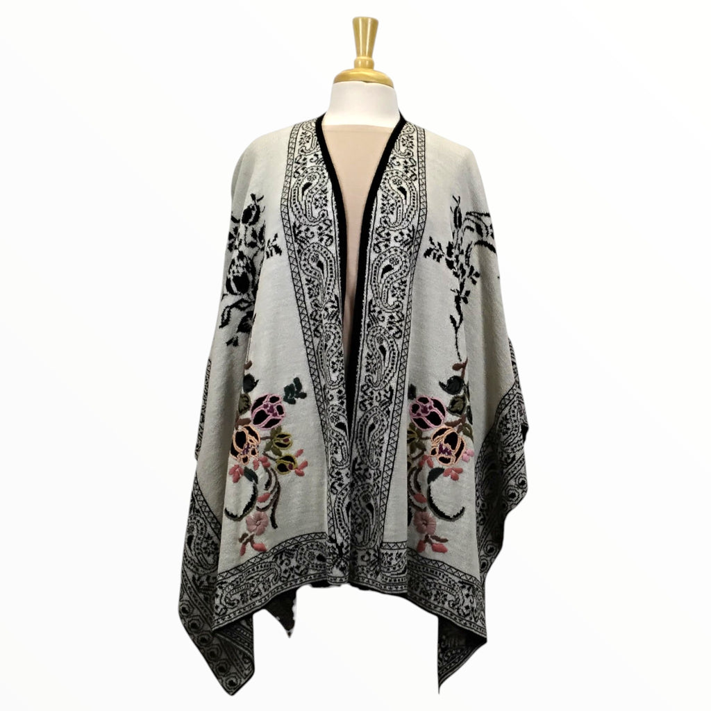 White Jewel Alpaca Rhuana with Floral Embroidery